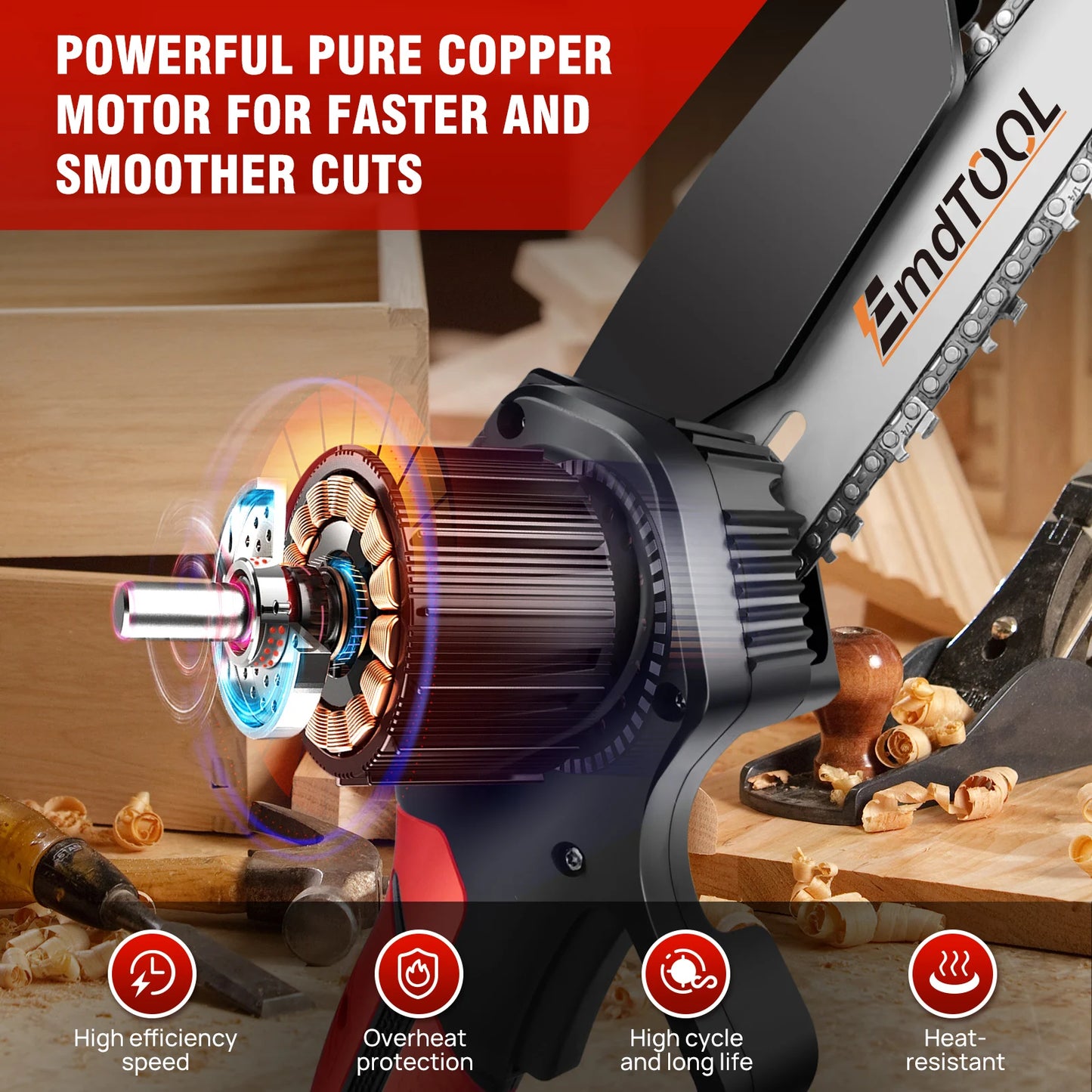 Mini Chainsaw 6 inch Cordless, 21V Battery 5000W Chain Saw for Branch Pruning with 3Ah Battery & 2 Chains for Wood Cutting