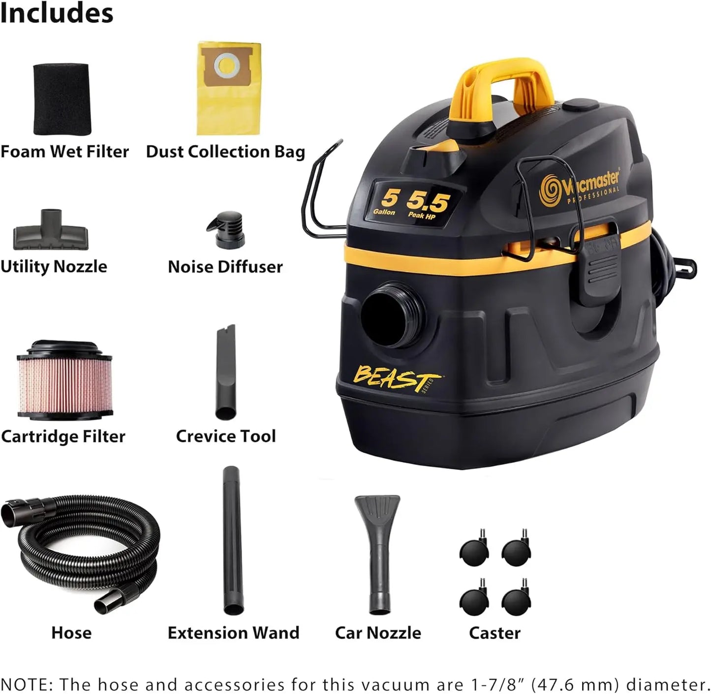 5-Gallon Wet/Dry Vacuum with 5.5 HP, 320 Air Watts Power, 9 Accessories & Blower Function