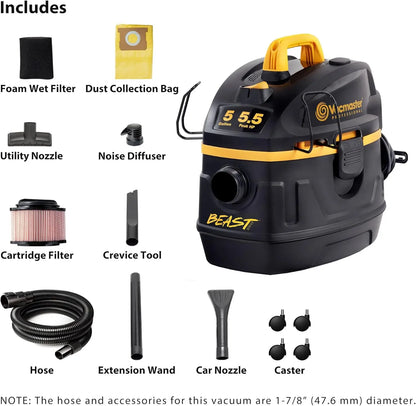 5-Gallon Wet/Dry Vacuum with 5.5 HP, 320 Air Watts Power, 9 Accessories & Blower Function