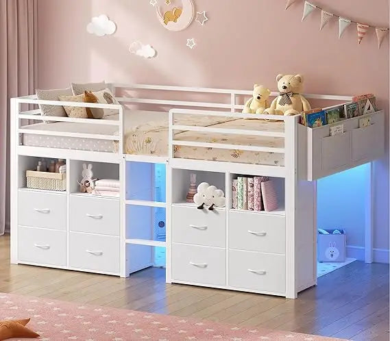 Twin Size Low Loft Bed with 8 Drawers, Bookcase, and LED Lights - Metal Kids Loft Bed with 14 Features