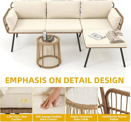 Patio Furniture Set 3Piece Outdoor Wicker Conversation Set with Detachable Cushions and Coffee Table L-Shaped Sectional Sofa Set