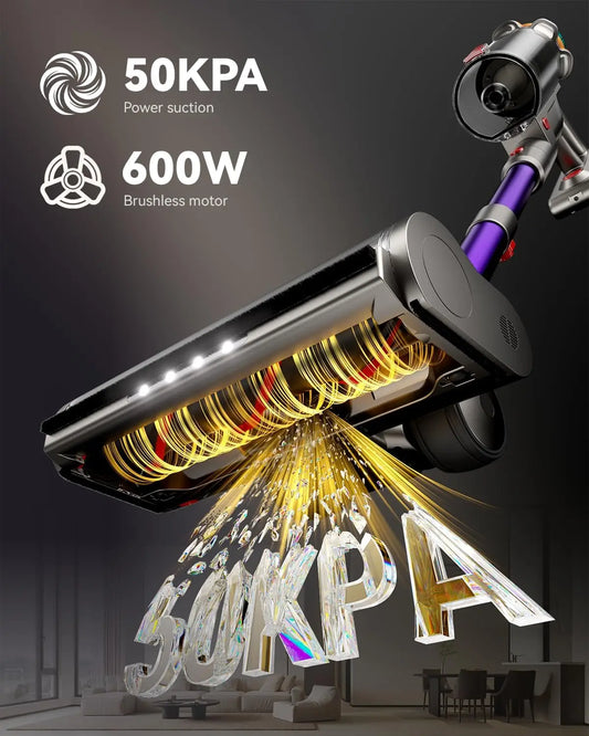 Cordless Vacuum Cleaner 50KPA, 65Min Runtime, XL Dust Cup, Anti-Tangle Brush, LED Display, Self-Standing, for Hardwood, Carpet,