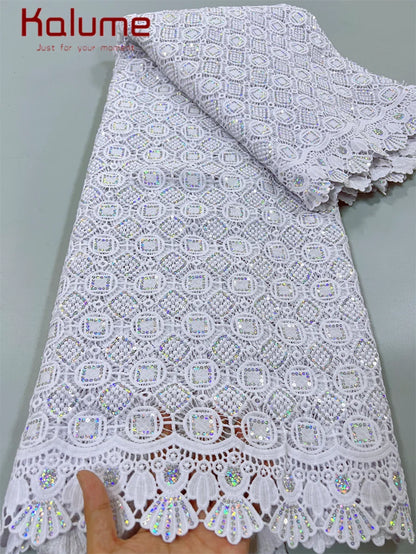 White African Guipure Cord Lace Fabric with Sequins 2025 High Quality Nigerian Guipure Cord Lace for Sewing Wedding Dress F4025