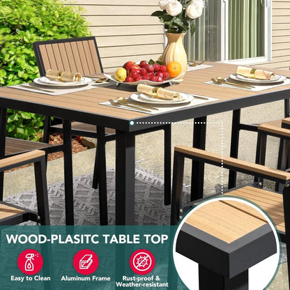 Outdoor Aluminum Furniture Set,8-Piece Patio Dining Set with 6 Outdoor Stackable Chairs and Plastic-Wood Table Top,Outdoor Furn