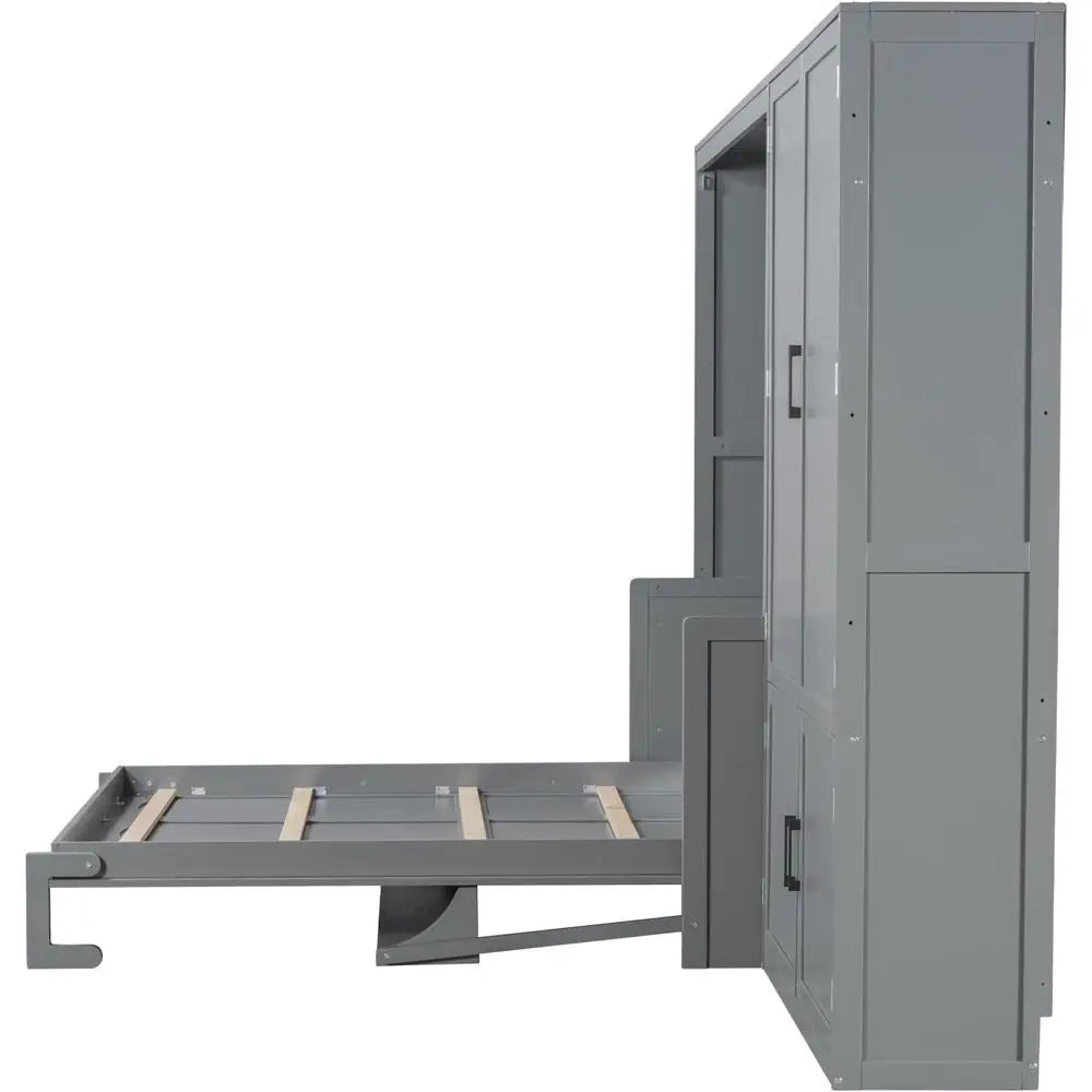 Gray Queen-Size Wall-Mounted Murphy Bed with Integrated Closet and Wardrobe Storage