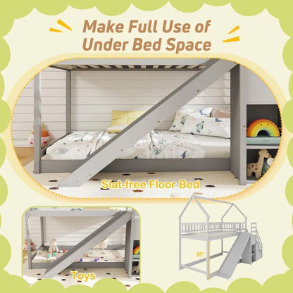 Bunk Bed Twin Over Twin with Slide & Stairs, Wood Bunk Bed with Storage Shelves, No Box Spring Needed, Twin Floor