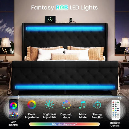 King Size Bed Frame with LED Lights & USB Ports, Upholstered Velvet Platform Bed, No Box Spring Needed, Noise Free, Black