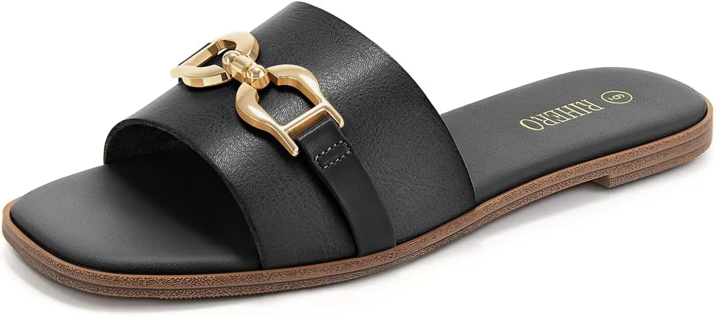 Women's Flat Sandals Summer Comfortable Square Open Toe Slip On Leather Slide Sandals