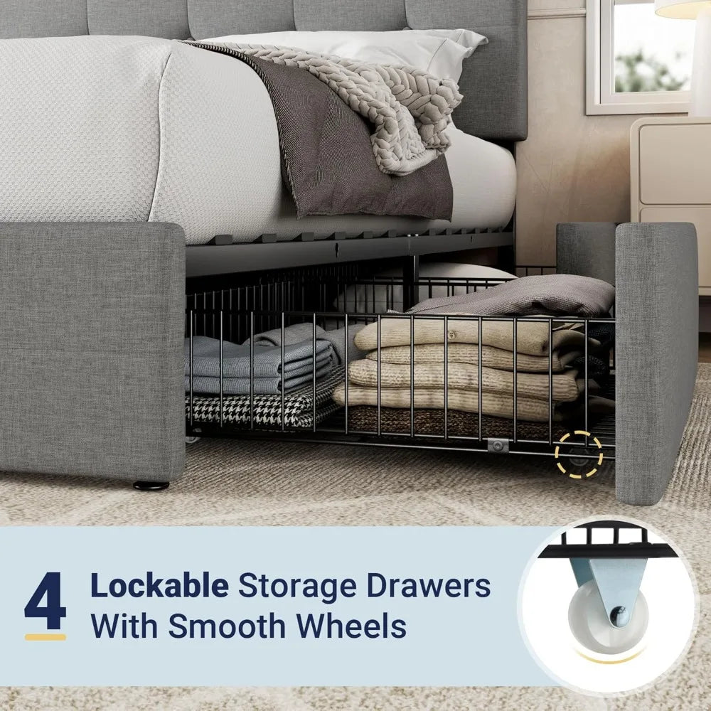 Upholstered Queen Size Platform Bed Frame with 4 Storage Drawers and Headboard, Square Stitched Button Tufted