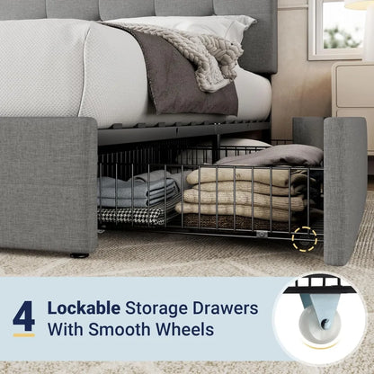 Upholstered Queen Size Platform Bed Frame with 4 Storage Drawers and Headboard, Square Stitched Button Tufted