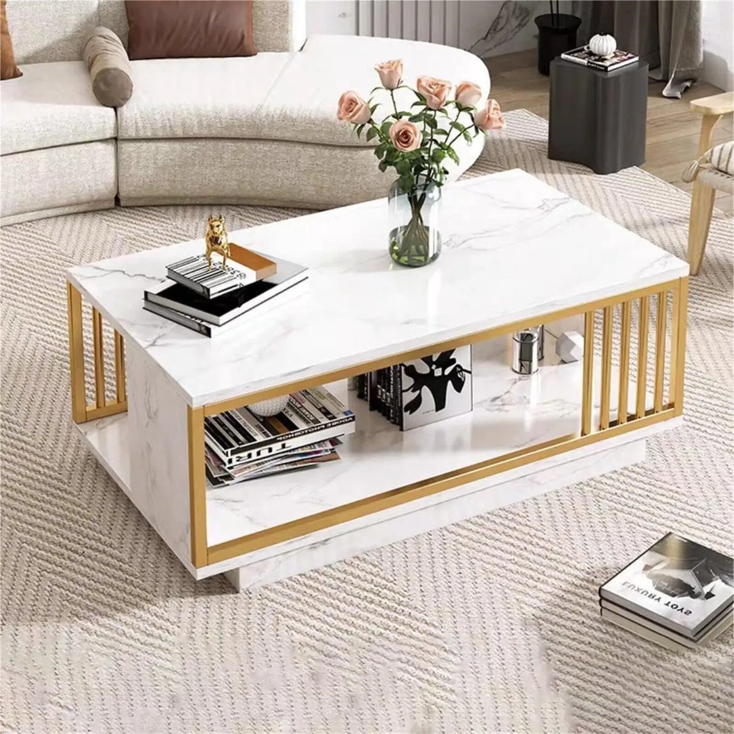 High Gloss Marble Veneer Coffee Table - Modern White & Gold, Rectangle for Living Room