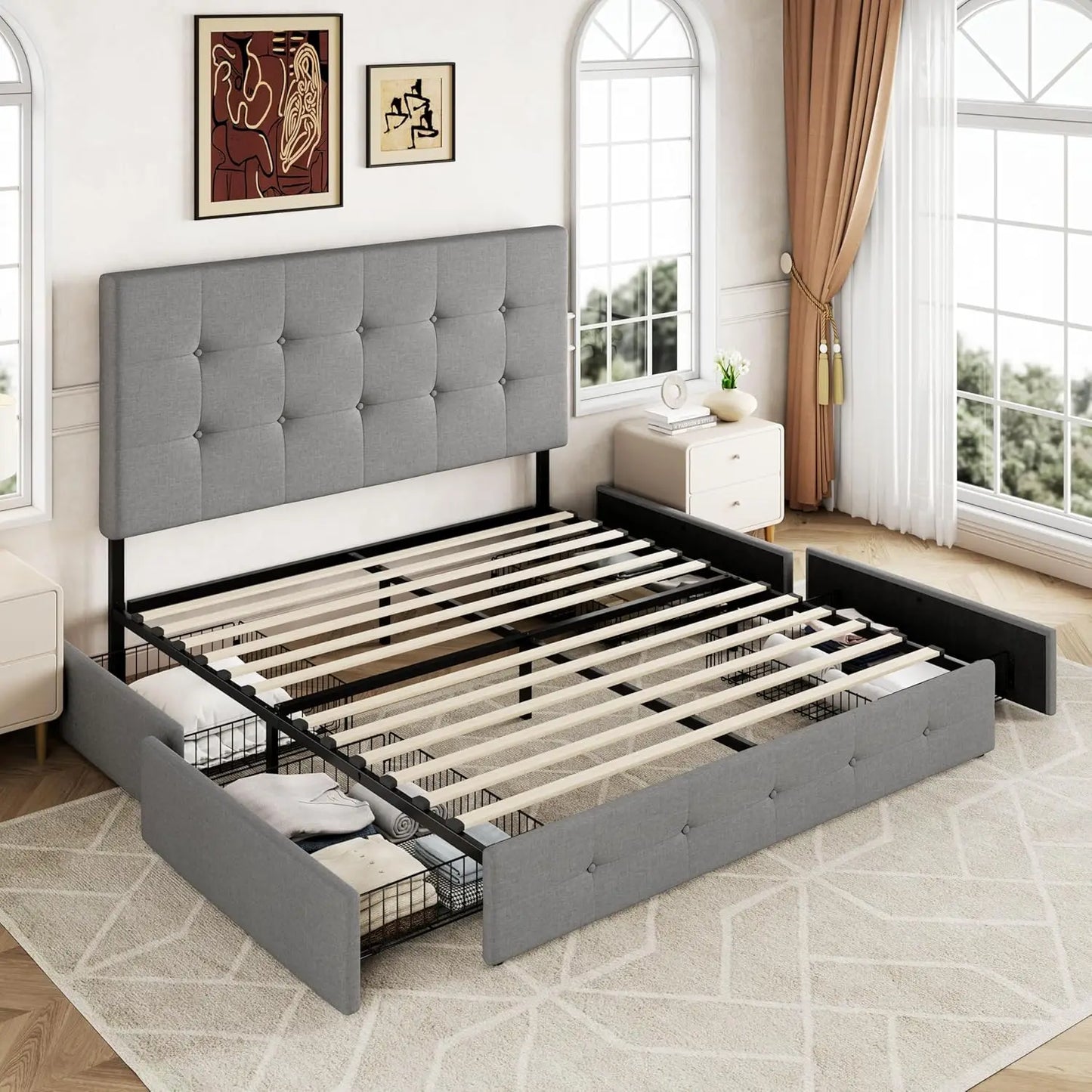 Upholstered Queen Size Platform Bed Frame with 4 Storage Drawers and Headboard, Square Stitched Button Tufted