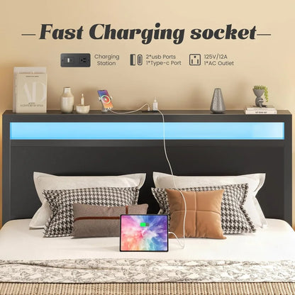 Bed Frame with Headboard & Footboard, Bed Frame with Built-in Charging Station & LED Light, Storage Shelf,, Customized