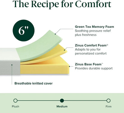6 Inch Twin Green Tea Memory Foam Mattress, Fiberglass Free, Medium Firm with Zoned Pressure Relief for Comfortable Sleep