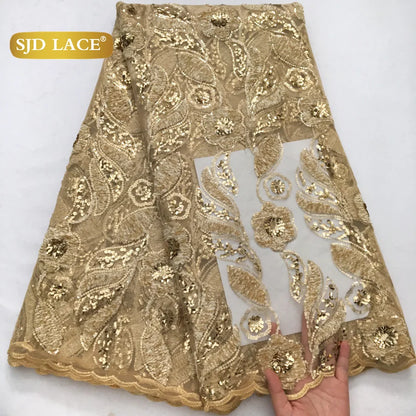 SJD LACE French Mesh Lace Fabric with Beads 2025 High Quality Nigerian African Net Tulle Lace for Sewing Women Wedding Dress4319