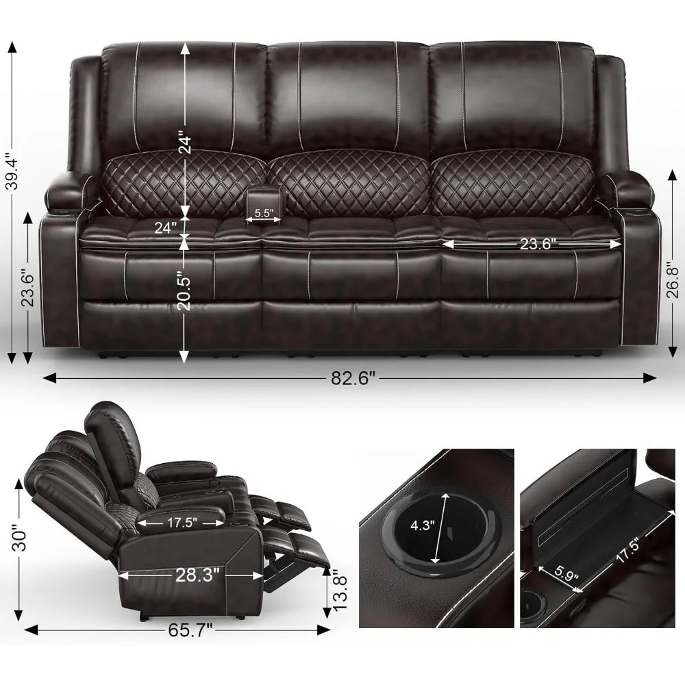 3-Seater Recliner Sofa, Manual Reclining Couch with Multi-Functional Middle Seat, Reclining Sofa for Living Room with Hidden Sto