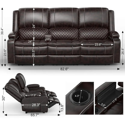 3-Seater Recliner Sofa, Manual Reclining Couch with Multi-Functional Middle Seat, Reclining Sofa for Living Room with Hidden Sto