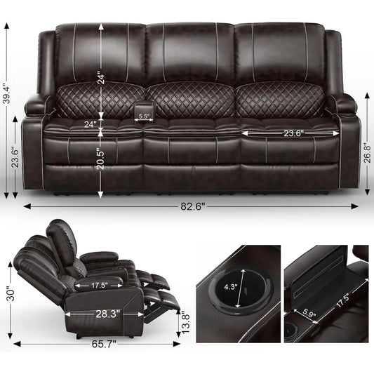 3-Seater Recliner Sofa, Manual Reclining Couch with Multi-Functional Middle Seat, Reclining Sofa for Living Room with Hidden Sto