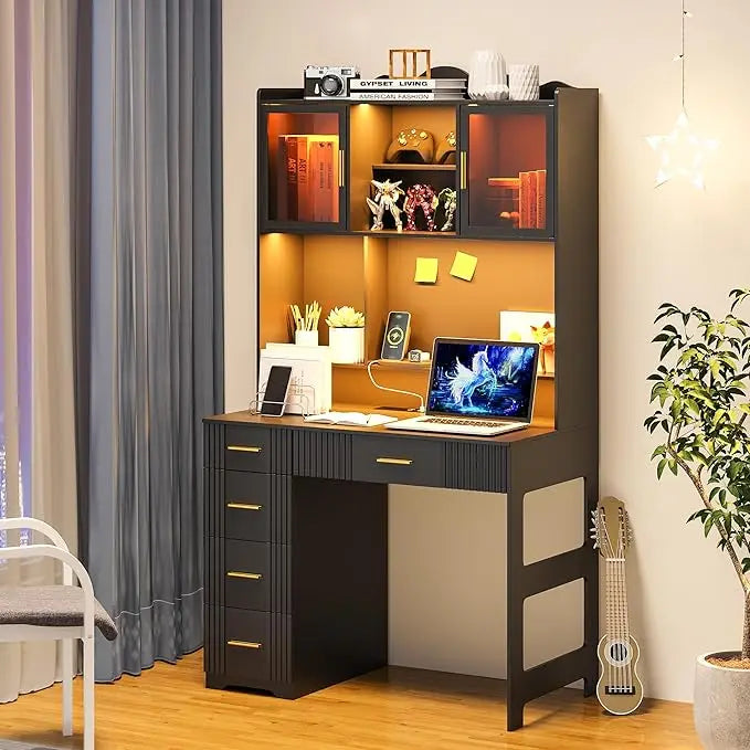 LED Study Desk with Hutch, Drawers, Outlet & Charging Station for Home Office, Bedroom or Small Space (Black)