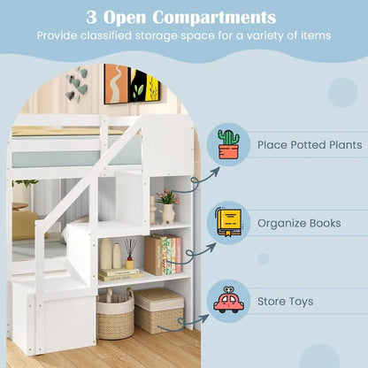 Twin Over Full Bunk Bed with Stairs, Solid Wood Floor Bunk Bed with Storage Staircase & Full-Length Guardrails, Low Bunk