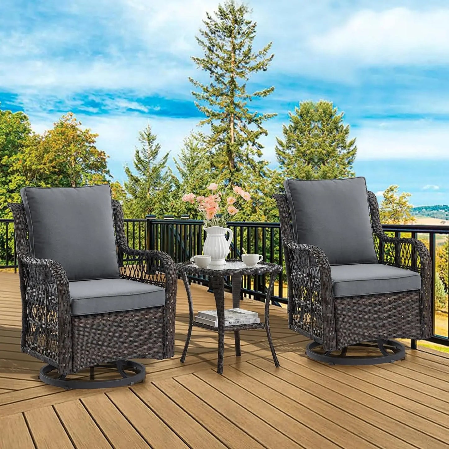 3 piece outdoor patio set, wicker rocking bistro set with 2 swivel chairs & tempered glass top table, rattan outdoor furniture