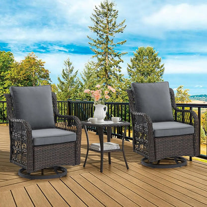 3 piece outdoor patio set, wicker rocking bistro set with 2 swivel chairs & tempered glass top table, rattan outdoor furniture