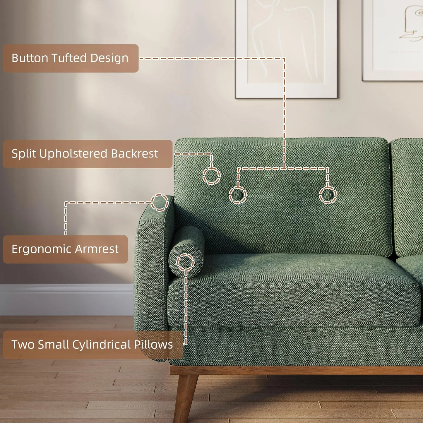 65" Mid Century Modern Couch Sofa Loveseat, Comfy Love Seat Couches for Living Room, 2 Seater Linen Upholstered Deep Seat Couch
