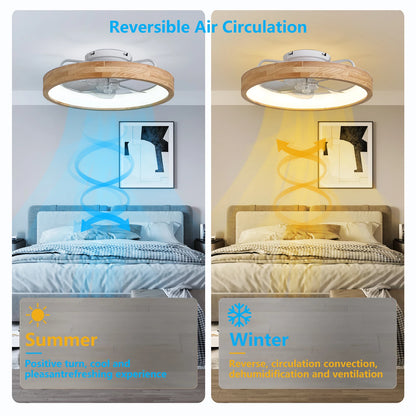 ARLGSITE 20'' Low Profile Ceiling Fans with Lights Modern Flush Mount Wood Ceiling Fan and Remote Dimmable LED Arc Wooden Frame