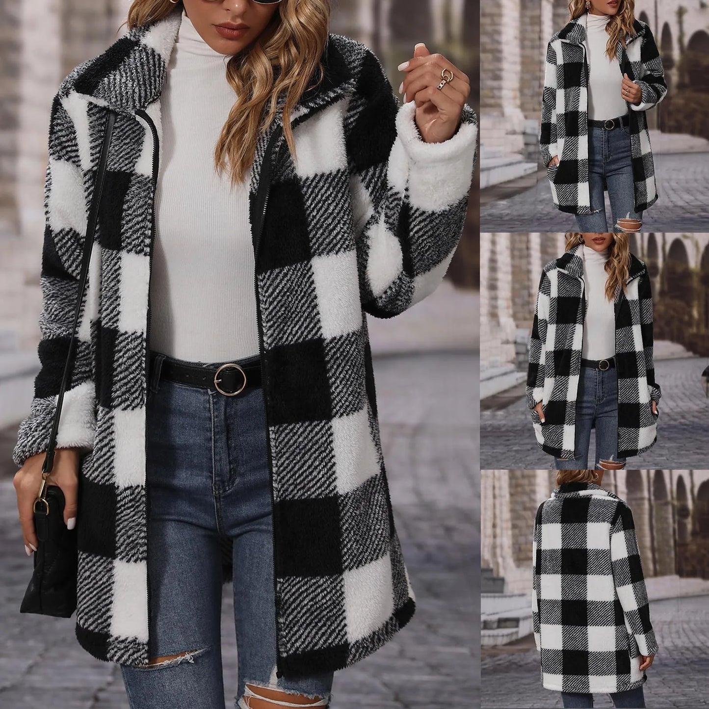 Winter Coats for Women Vintage Plaid Print Warm Fuzzy Fleece Long Jacket Overcoat Cardigan Zipper Jackets Manteau Femme Hiver