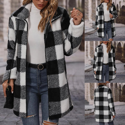 Winter Coats for Women Vintage Plaid Print Warm Fuzzy Fleece Long Jacket Overcoat Cardigan Zipper Jackets Manteau Femme Hiver