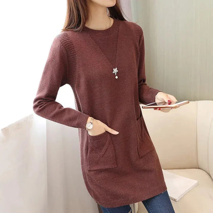 2024 New Style Korean Version Loose-Fit Medium-Length Knit Base Layer Top Women's Pullover Sweater Skirt Fleece-Lined Thickened