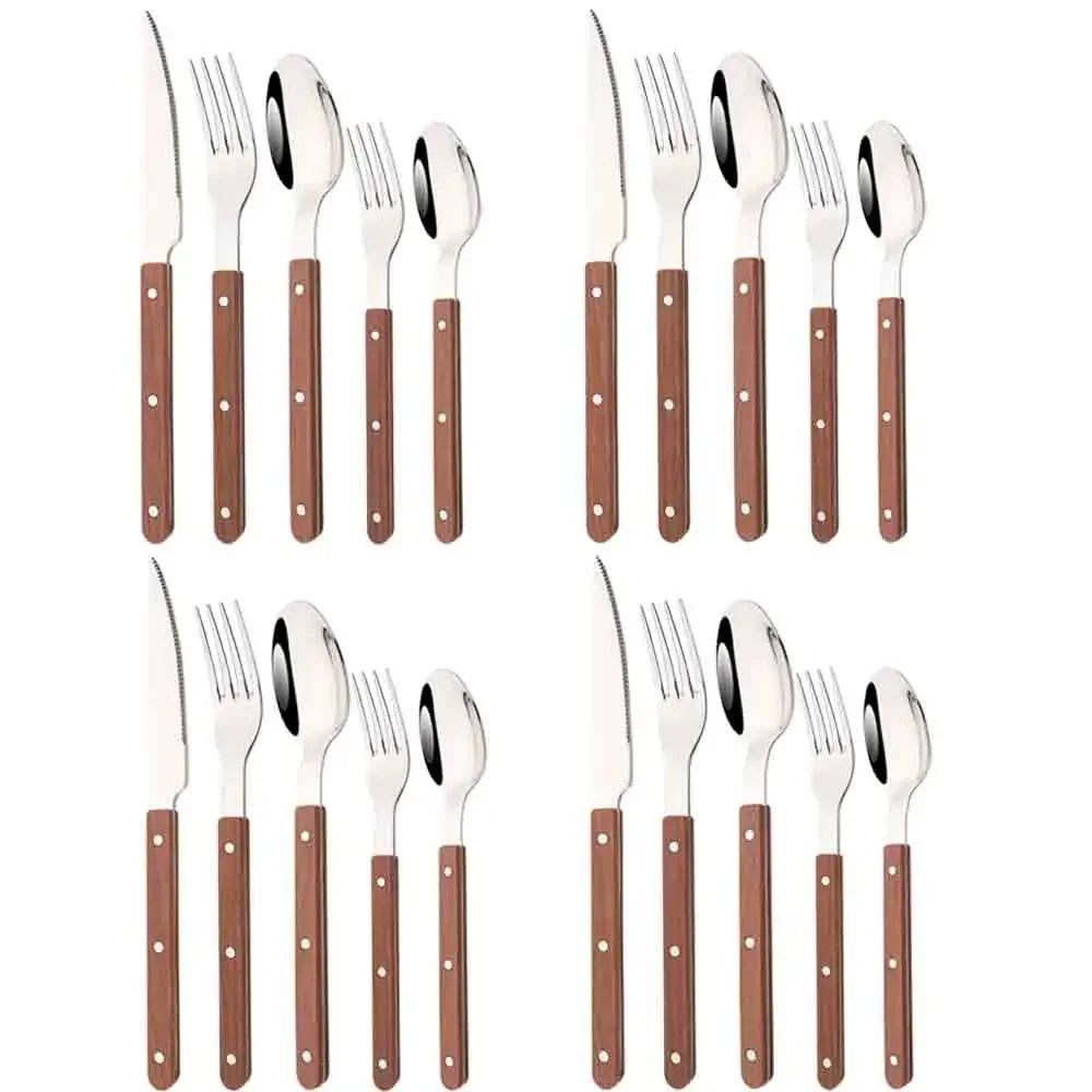 5/20Pcs Imitative Wood Silver Dinnerware Set Western Knife Fork Spoons Set Mirror Stainless Steel Cutlery Kitchen Silverware Set