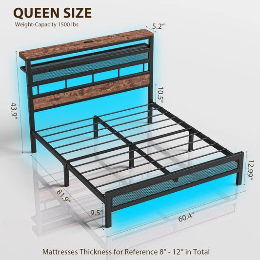 Led Bed Frame , Metal Platform Bed Frame with 2-Tier Storage Headboard, Mesh Bedframe with Charging Station, Easy Assembly