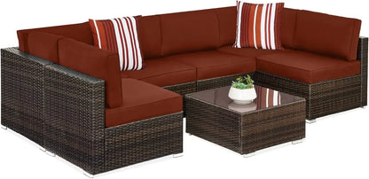7-piece modular outdoor sectional wicker patio conversation set w/ 2 pillows, coffee table, cover included - natural/gray