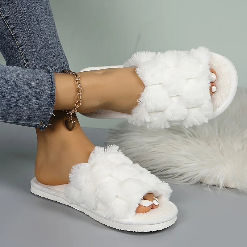 Women's Open Toe Fuzzy Slippers Autumn Winter Plush Warm Indoor Home Slides Woman Fluffy Faux Fur Soft Comfortable House Shoes