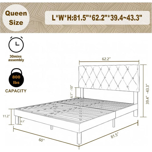 Queen Size Bed Frame, Velvet Upholstered Platform with Headboard, Easy Assembly, No Box Spring Needed, Non-Slip and Noise-Free w