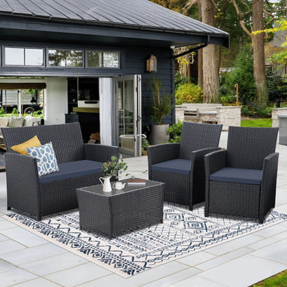 4 Piece Patio Furniture Set, Outdoor Wicker Conversation Sets, Rattan Sectional Sofa Couch with Coffee Table & Seat Cushions for