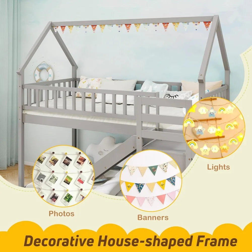 Bunk Bed Twin Over Twin with Slide & Stairs, Wood Bunk Bed with Storage Shelves, No Box Spring Needed, Twin Floor