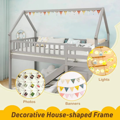 Bunk Bed Twin Over Twin with Slide & Stairs, Wood Bunk Bed with Storage Shelves, No Box Spring Needed, Twin Floor