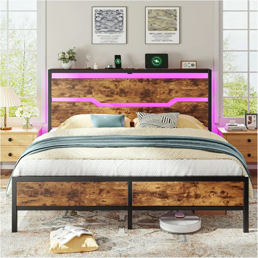 Bed Frame with Headboard,Bed Frame Queen Size with LED Lights & Charging Station & 13" Under Bed Storage, All-Metal Support
