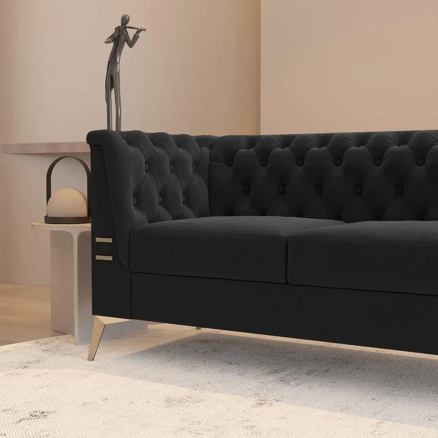 Black Chesterfield Velvet Couch for Living Room,3 Seater Tufted Sofa with Gold Metal Legs, Large Upholstered Comfy, Customized