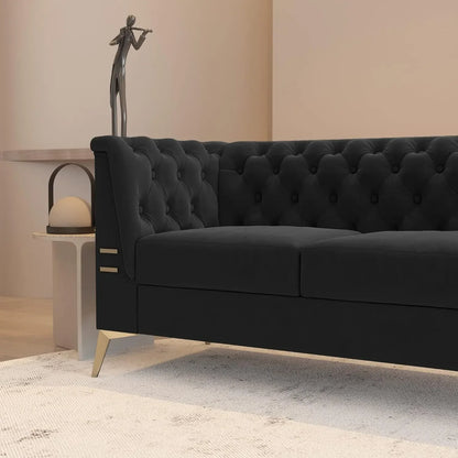 Black Chesterfield Velvet Couch for Living Room,3 Seater Tufted Sofa with Gold Metal Legs, Large Upholstered Comfy, Customized