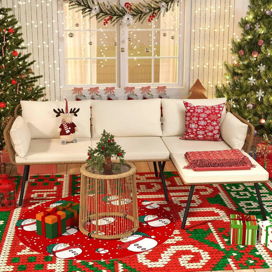 3 Pieces Patio Furniture Set, Outdoor Wicker Conversation Sectional L-Shaped Sofa with 4 Seater