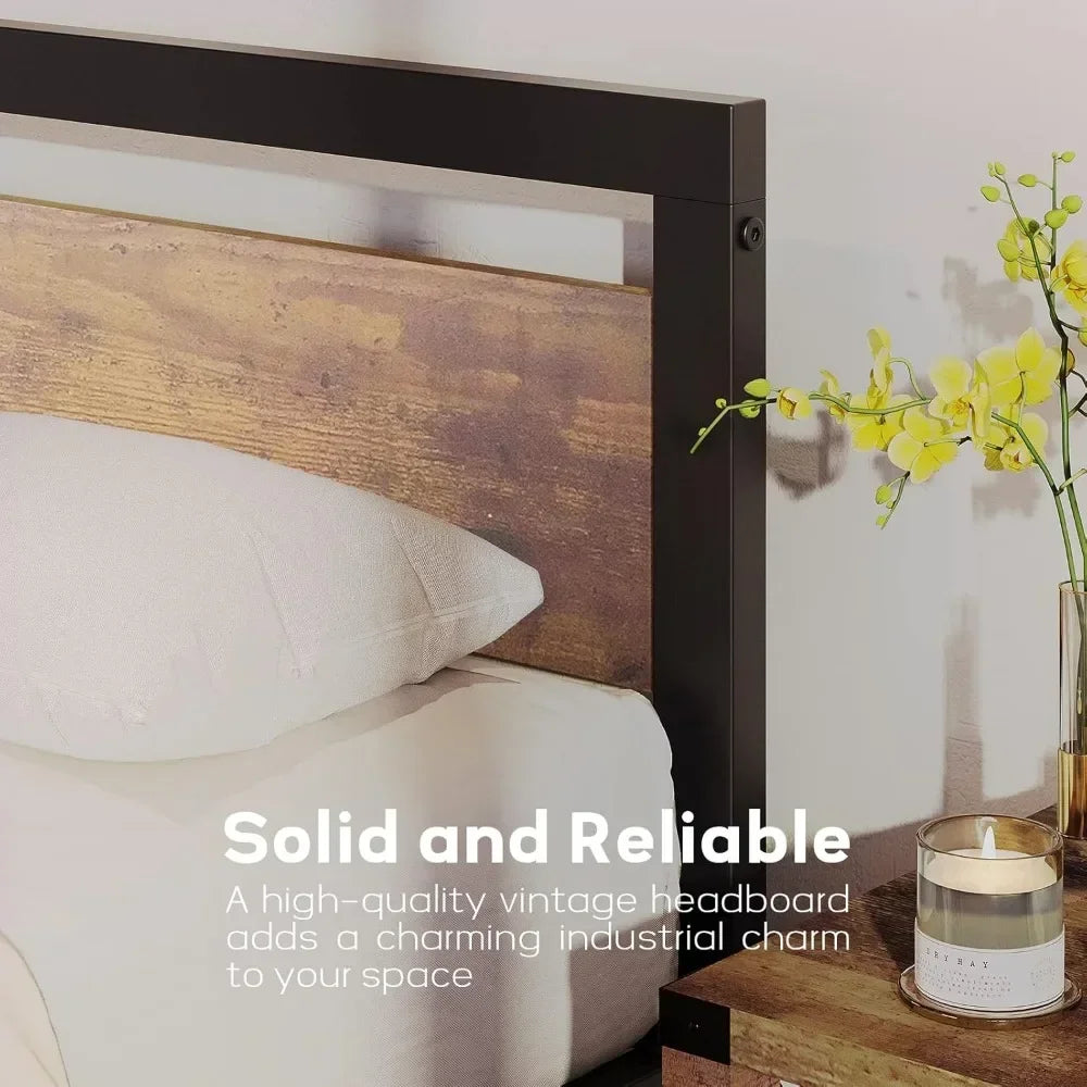 Bed Frame with Wooden Headboard and Footboard, Metal Full Bed Platform No Box Spring Needed, 14 inch Easy to Assemble Noise