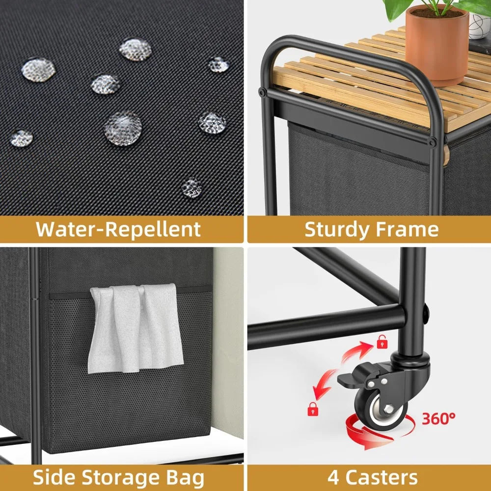 Dual-Section Laundry Sorter with Removable Shelf and Pull-Out Bags, Rolling Clothes Hampers on Wheels Basket