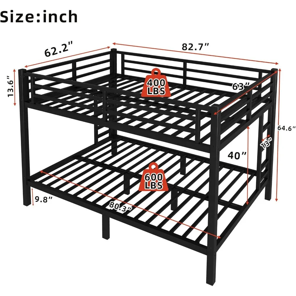 Queen Over Queen Bunk Bed Frame, Heavy Duty Metal Loft Bed for Adults/Teens, 400/600LB Capacity w/Ladder & Guardrail, Noise-Free
