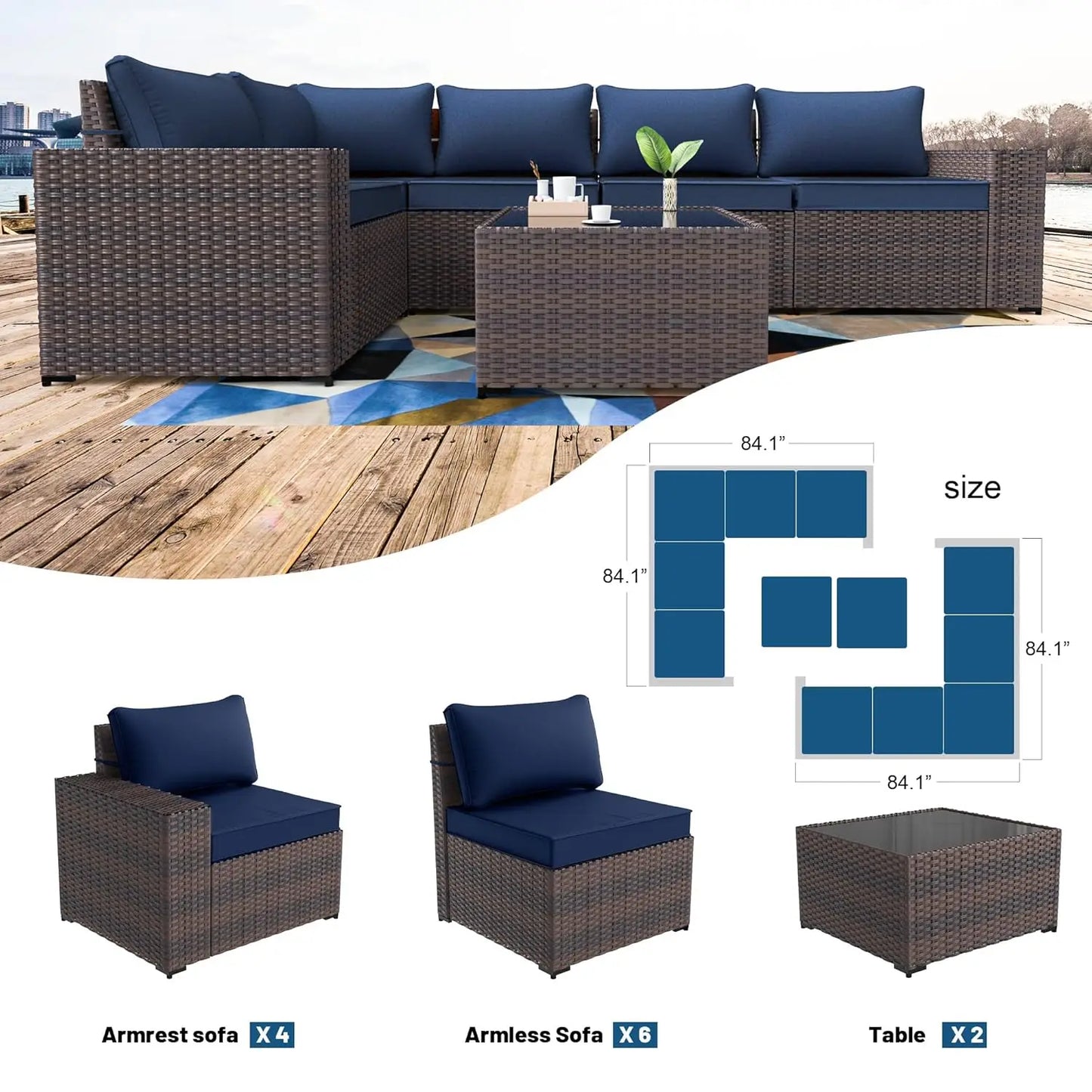 12 Pieces Outdoor Patio PE Rattan Sectional Sofa Set with Cushions & Tempered Glass Coffee Table for Garden Porch, Customized