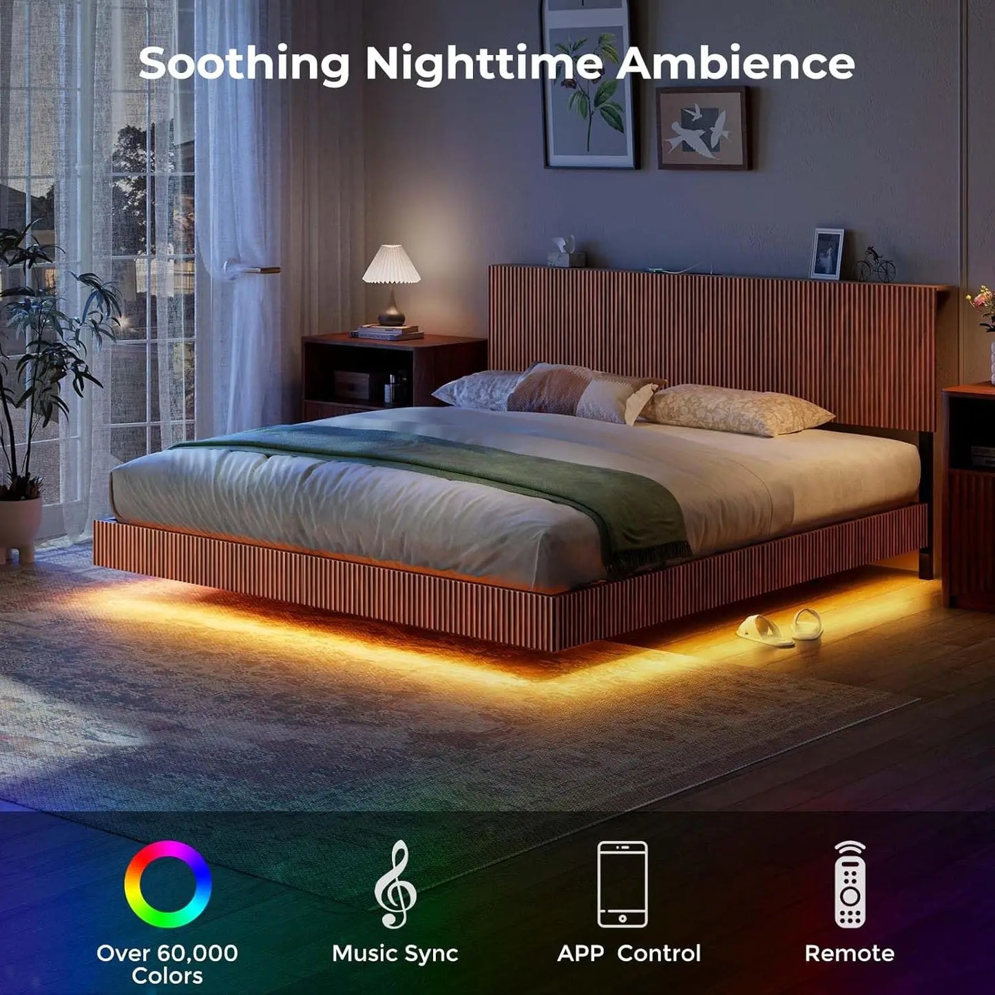 Walnut King Floating Bed Frame with Headboard, Mid Century Modern Fluted Platform Bed with LED Lights, Heavy Duty, Customized