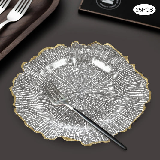 25 Pcs Clear Gold Flower Charger Plates Table Dinner Plates Hot Stamping Sturdy Easy Clean For Family Party Business