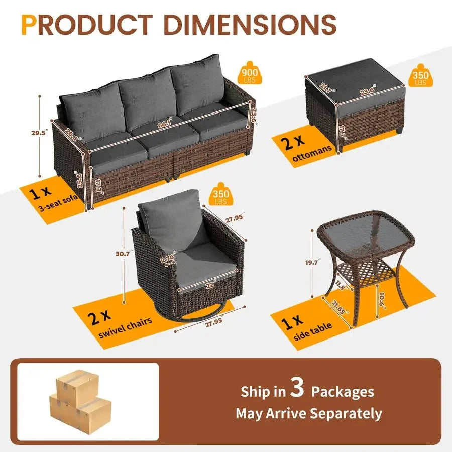 Patio Furniture Set, 6 Pieces Outdoor Sectional Couch with Swivel Rocking Chair, Brown Wicker Rattan Conversation Sofa, 4 Thick